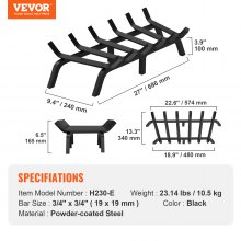 VEVOR Fireplace Log Grate, 685.8mm Heavy Duty Fireplace Grate with 6 Support Legs, 19.05mm Solid Powder-coated Steel Bars, Log Firewood Burning Rack Holder for Indoor and Outdoor Fireplace