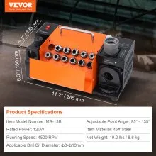 VEVOR MR-13B Drill Bits Sharpener, 3-13mm Drill Bits Grinder Sharpener, Lip Relief Angle & 95°-135° Point Angle Adjustable Drill Bit Re-Sharpener, Portable Sharpening Machine with 11 Collets, CBN & SDC Wheel