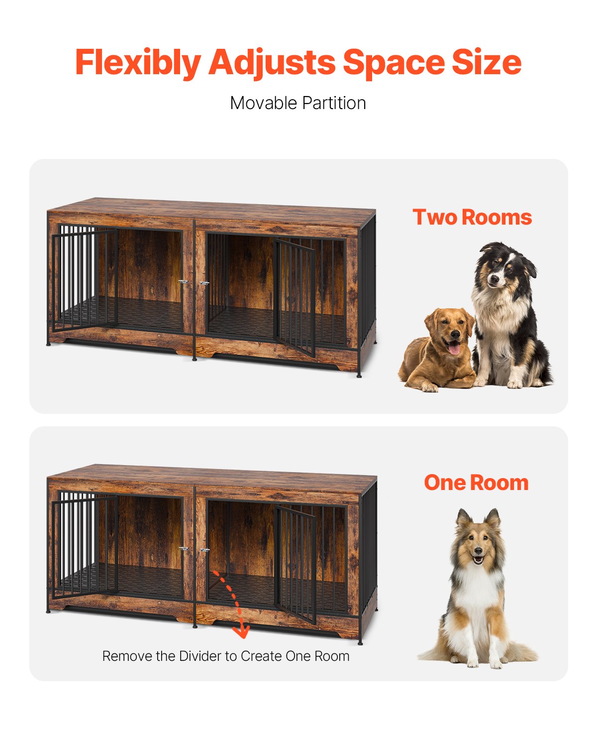 VEVOR 75" Dog Crate Furniture for 2 Dogs, Extra Large Double Dog Crate Furniture Large Breed with Divider & Double Doors, Large Wooden Dog Crate Furniture TV Stand for Medium Large Dogs Brown