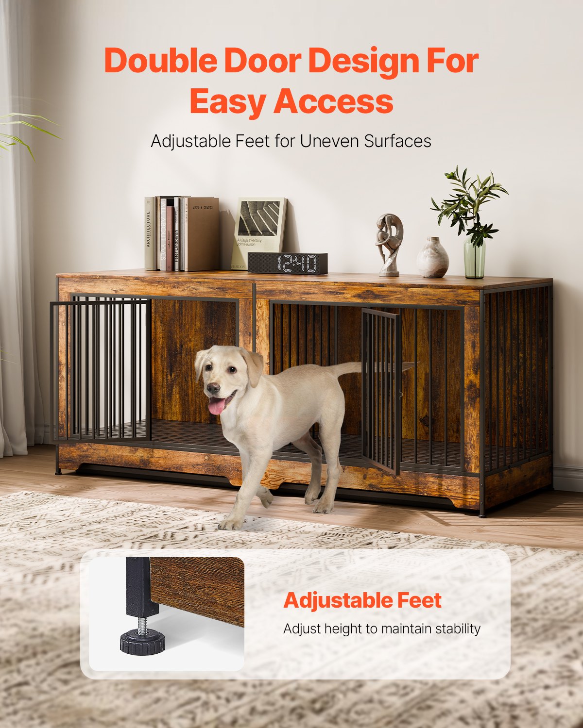 VEVOR 75" Dog Crate Furniture for 2 Dogs, Extra Large Double Dog Crate Furniture Large Breed with Divider & Double Doors, Large Wooden Dog Crate Furniture TV Stand for Medium Large Dogs Brown