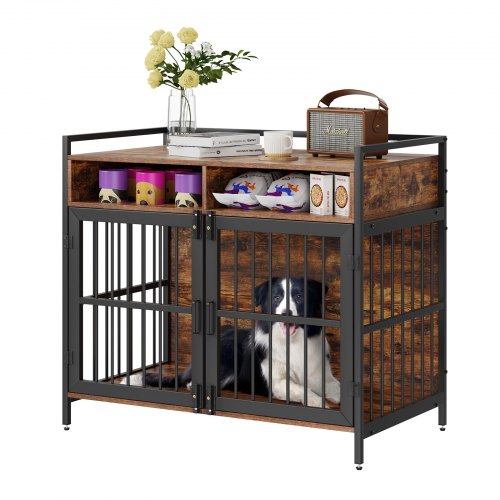 VEVOR Furniture Style Dog Crate with Storage, 41 inch Dog Crate Furniture Large Breed with Double Doors, Wooden Dog Cage for Large/Medium Dog Indoor, Hold up to 70 lbs, Rustic Brown