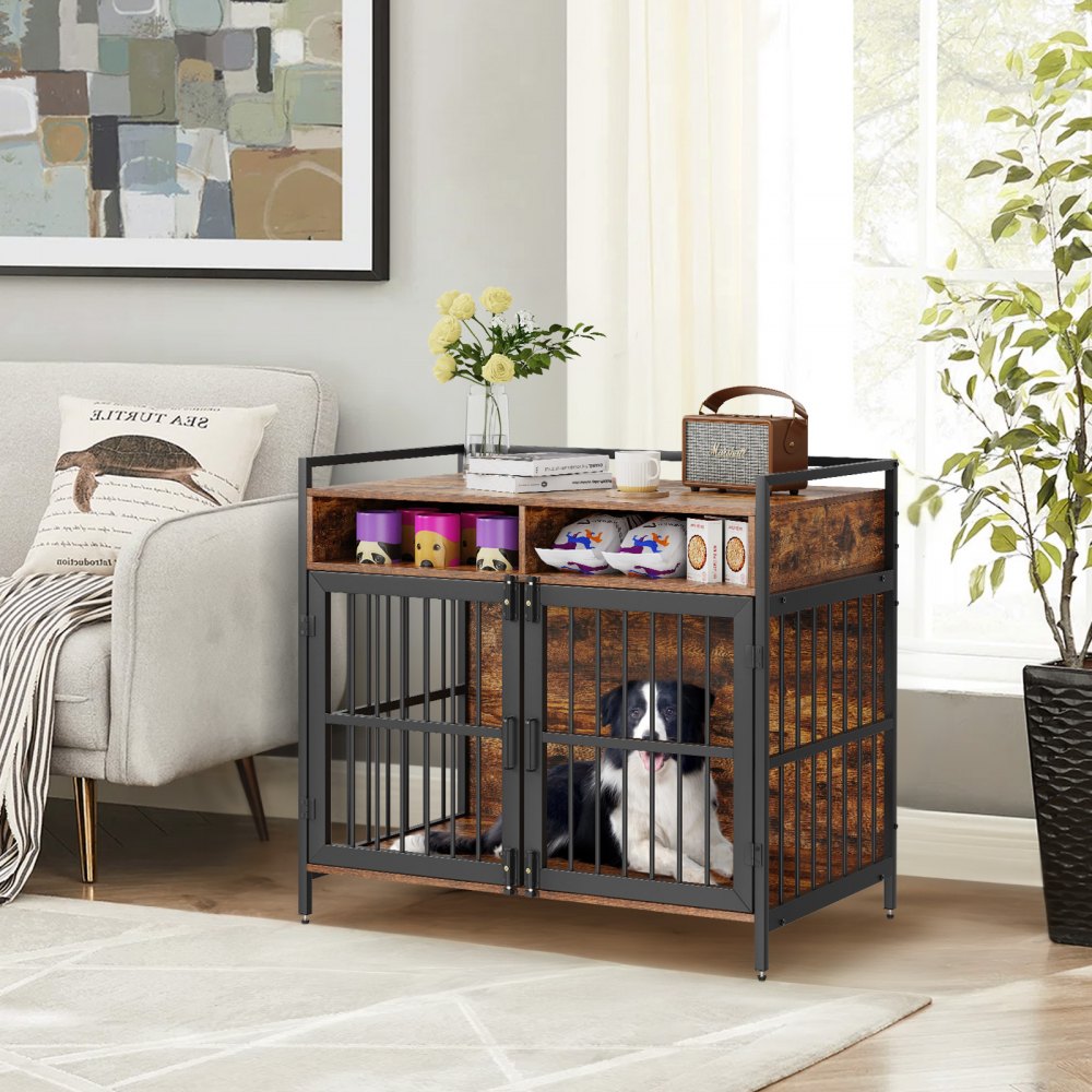 VEVOR Furniture Style Dog Crate with Storage, 1041.4mm Dog Crate Furniture Large Breed with Double Doors, Wooden Dog Cage for Large/Medium Dog Indoor, Hold up to 70 lbs, Rustic Brown