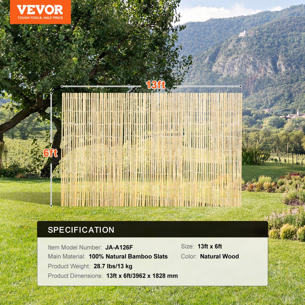 VEVOR Natural Bamboo Fence Privacy Screen, Eco-Friendly Privacy Bamboo Slat Fence, 6 ft H x 13 ft L Decorative Bamboo Screen Panel, for Garden, Backyard, Balcony, Patio, Pool Side