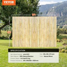 VEVOR Natural Rolled Bamboo Fence Bamboo Panel 6 ft H x 8 ft L x 0.75 in D.