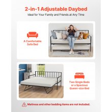 VEVOR Twin Daybed Frame Height Adjustable DayBed w/ Trundle Charging Station LED