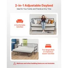 VEVOR Twin Daybed Frame Height Adjustable DayBed w/ Trundle Charging Station LED