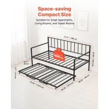 VEVOR Twin Daybed Frame Height Adjustable DayBed w/ Trundle Charging Station LED