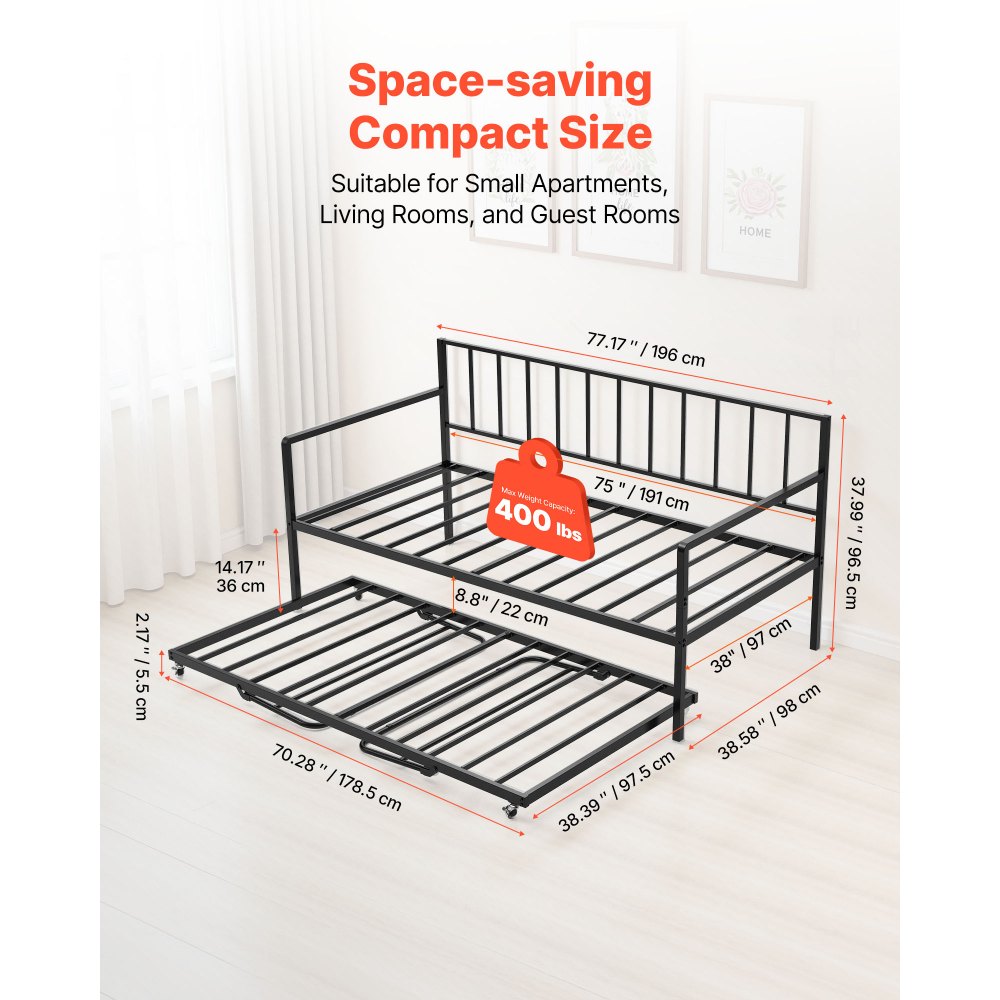 VEVOR Twin Size Daybed Frame, Height Adjustable Day Bed with Trundle, Heavy Duty Metal Platform Bed Frame with LED Light and Charging Station, Twin Daybed with Metal Slats for Living Room, Bedroom