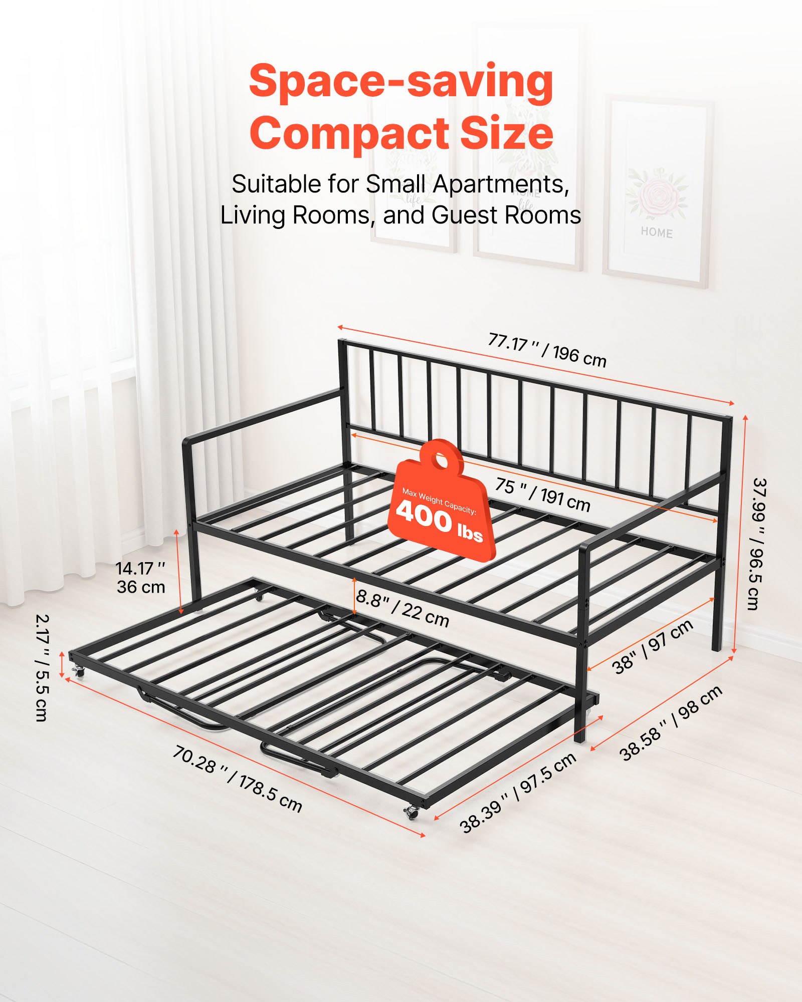 VEVOR Twin Size Daybed Frame, Height Adjustable Day Bed with Trundle, Heavy Duty Metal Platform Bed Frame with LED Light and Charging Station, Twin Daybed with Metal Slats for Living Room, Bedroom