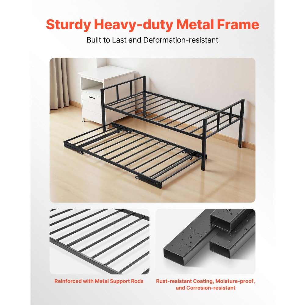 VEVOR Twin Size Daybed Frame, Day Bed with Trundle, Heavy Duty Metal Platform Bed Frame, Twin Daybed with Metal Slats Support for Living Room, Bedroom, Guest Room, Easy Assembly, Black