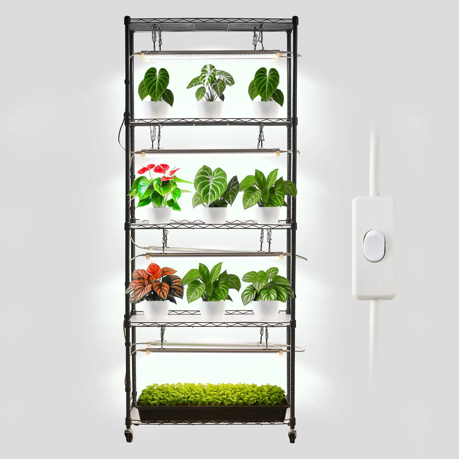 VEVOR DIY Plant Shelf with Grow Lights, 71 in Tall Indoor Plant Stand with Wheels, 192W 5000K Full Spectrum Grow Lights, Heavy Duty Metal Plants Display Rack, Flower Pot Holder for Seed Starting