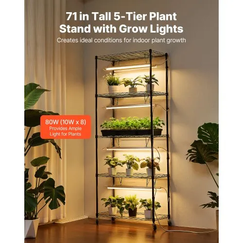 VEVOR Plant Shelf with Grow Light, 5-Tier Indoor Plant Stand, 71 in Tall  Plants Display Rack with Wheels & 4/9/14H Timer, 80W T5 LED Full Spectrum  ...