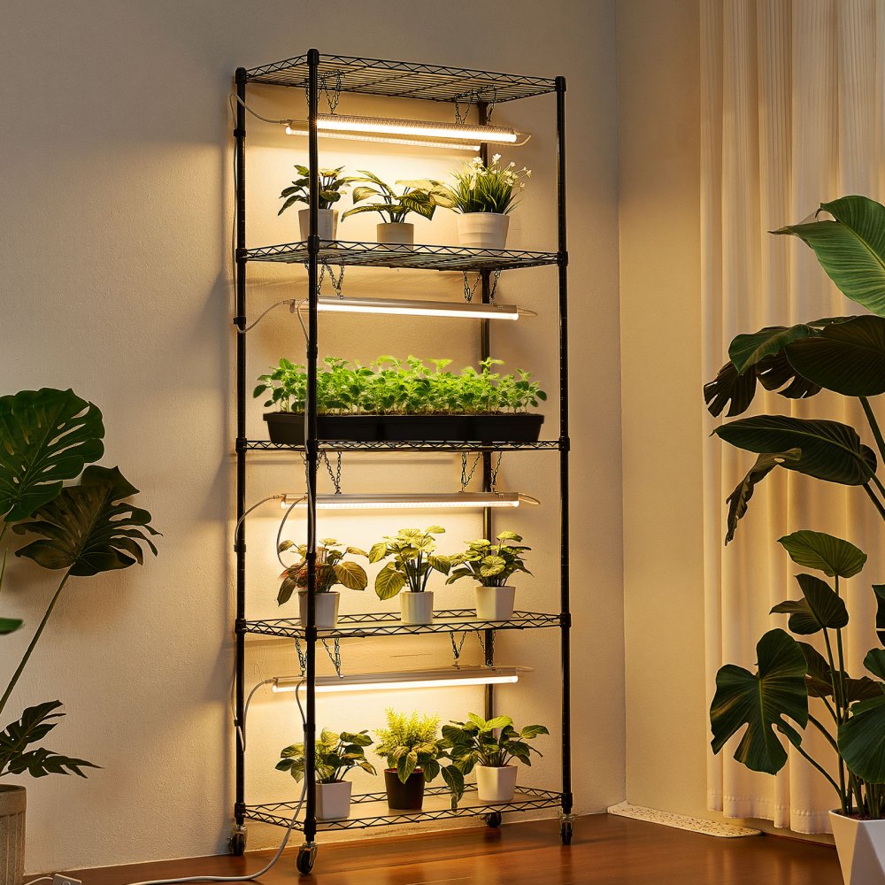 VEVOR Plant Shelf with Grow Light, 5-Tier Indoor Plant Stand, 71 in Tall Plants Display Rack with Wheels & 4/9/14H Timer, 80W T5 LED Full Spectrum Grow Lights, Flower Pot Holder for Seed Starting