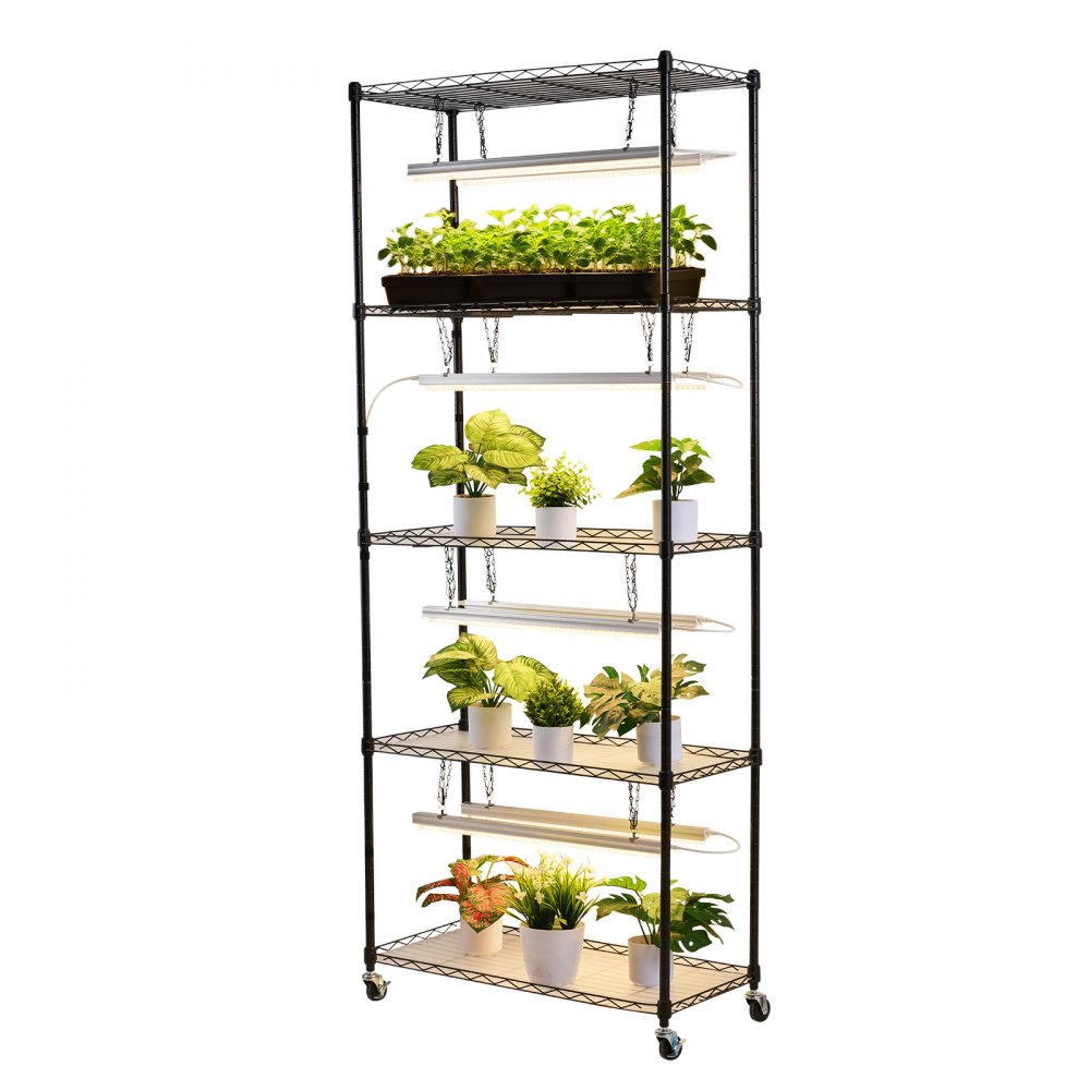 VEVOR Plant Shelf with Grow Light, 5-Tier Indoor Plant Stand, 71 in Tall Plants Display Rack with Wheels & 4/9/14H Timer, 80W T5 LED Full Spectrum Grow Lights, Flower Pot Holder for Seed Starting