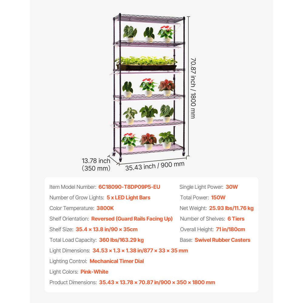 VEVOR Plant Shelf with Grow Light, 6-Tier Indoor Plant Stand, 180cm Tall Indoor Plants Display Rack with Wheels & Timer, 150W 3800K Full Spectrum Grow Lights, Metal Flower Pot Holder for Seed Starting