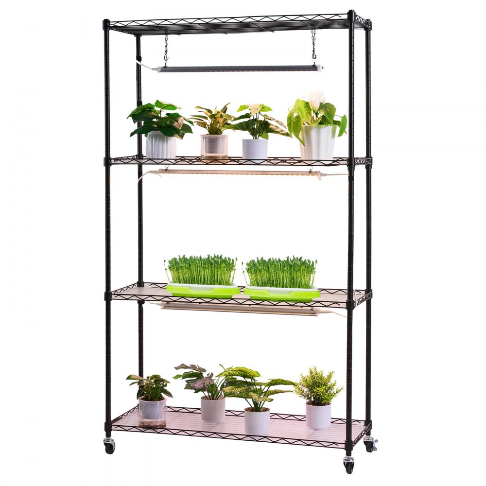 VEVOR Plant Shelf with Grow Light, 4-Tier Indoor Plant Stand, 59in Tall Plants Display Rack with Wheels, 90W 3-Color Full Spectrum Grow Lights, Heavy Duty Metal Flower Pot Holder for Seed Starting