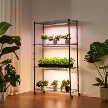 VEVOR Plant Shelf with Grow Light, 4-Tier Indoor Plant Stand, 59in Tall Plants Display Rack with Wheels, 90W 3-Color Full Spectrum Grow Lights, Heavy Duty Metal Flower Pot Holder for Seed Starting