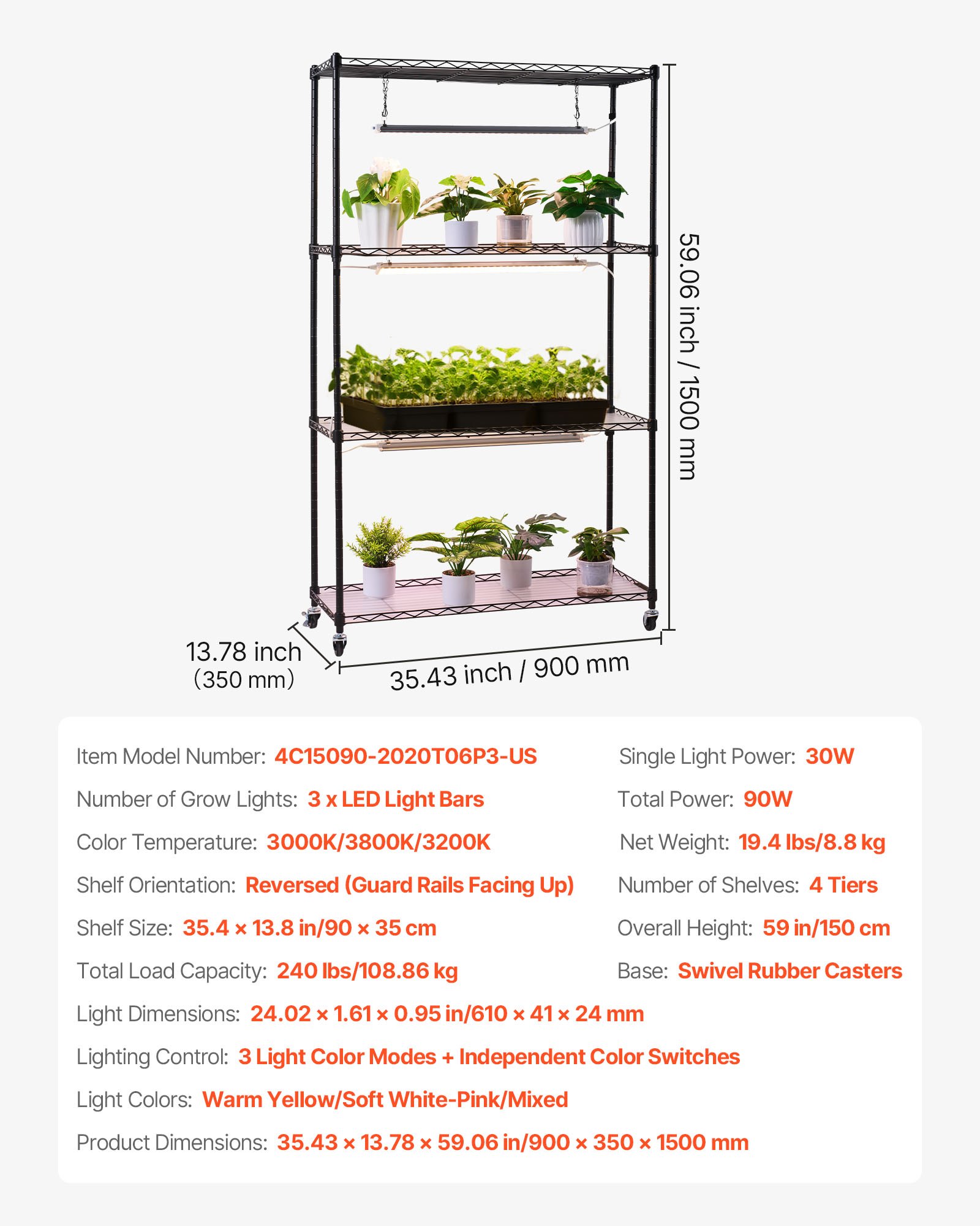 VEVOR Plant Shelf with Grow Light, 4-Tier Indoor Plant Stand, 59in Tall Plants Display Rack with Wheels, 90W 3-Color Full Spectrum Grow Lights, Heavy Duty Metal Flower Pot Holder for Seed Starting