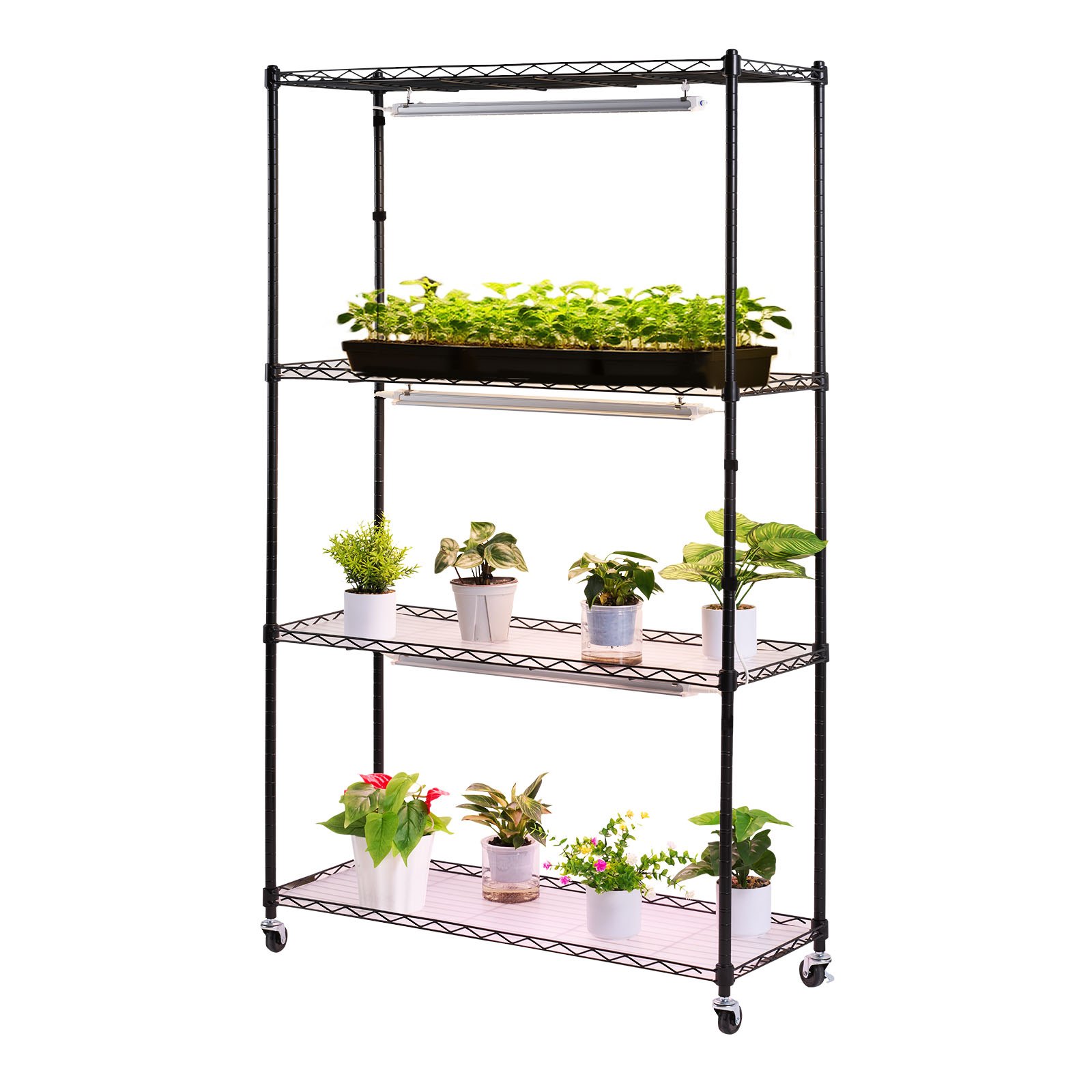 VEVOR Plant Shelf with Grow Light, 4-Tier Indoor Plant Stand, 59in Tall Plants Display Rack with Wheels, 90W 3-Color Full Spectrum Grow Lights, Heavy Duty Metal Flower Pot Holder for Seed Starting