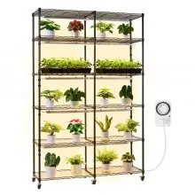 VEVOR Plant Shelf with Grow Light, 6-Tier Double-Row Plant Stand, 180cm Tall Indoor Plants Display Rack with Wheels & Timer, 200W Full Spectrum Grow Lights, Metal Flower Pot Holder for Seed Starting