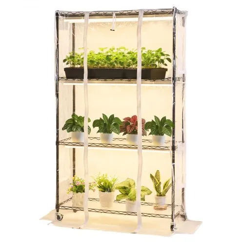 VEVOR Indoor Greenhouse with 4-Tier Metal Plant Stand 59in Tall Clear Cover 180W Full Spectrum Grow Light Timer & Hygrometer