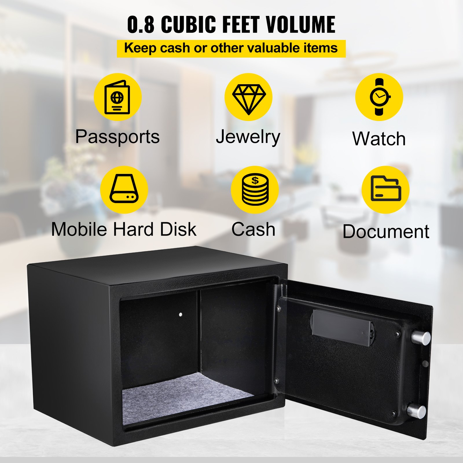 VEVOR Safe Box, 0.8 CU.FT Fingerprint Safe Box for Money with 2 Keys & Digital Keypad, Q235 Steel Safe Box for Storing Cash, Jewelry, Pistols, Documents, Watches in Home & Office & Hotel