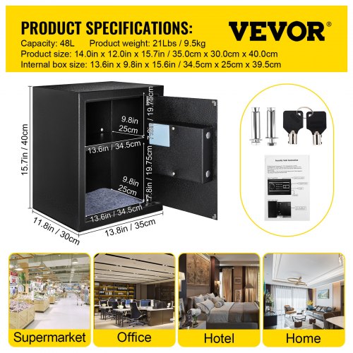 VEVOR Safe Box, 1.7 Cubic Feet Money Safe with Fingerprint Lock and Digital Keypad, Fireproof Home Safes with A Removable Shelf, Wall-Mounted Security Safe for Cash, Watch, Passport, Document, Black