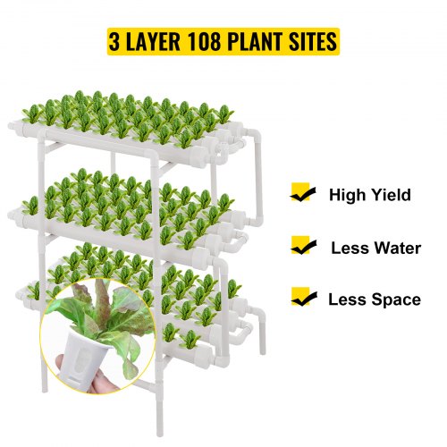 VEVOR Hydroponic Site Grow Kit 3 Layers 108 Plant Sites12 Pipes Hydroponic Growing System Water Culture Garden Plant System for Leafy Vegetables Lettuce Herb Celery