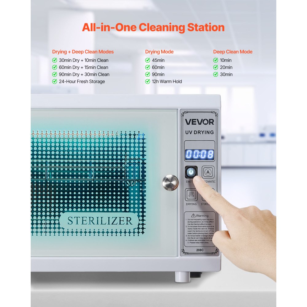 VEVOR Nail Tool Cleaning Machine, 12L Large Capacity, Multi-Functional Tool Cabinet Cleaner Box with Timer Setting, Tempered Glass Door, 185nm Wavelength, for Labs, Home, Nail Salons, Beauty Salons