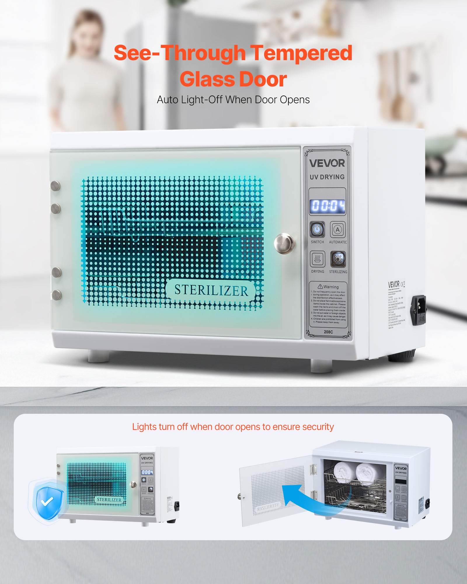 VEVOR Nail Tool Cleaning Machine, 12L Large Capacity, Multi-Functional Tool Cabinet Cleaner Box with Timer Setting, Tempered Glass Door, 185nm Wavelength, for Labs, Home, Nail Salons, Beauty Salons