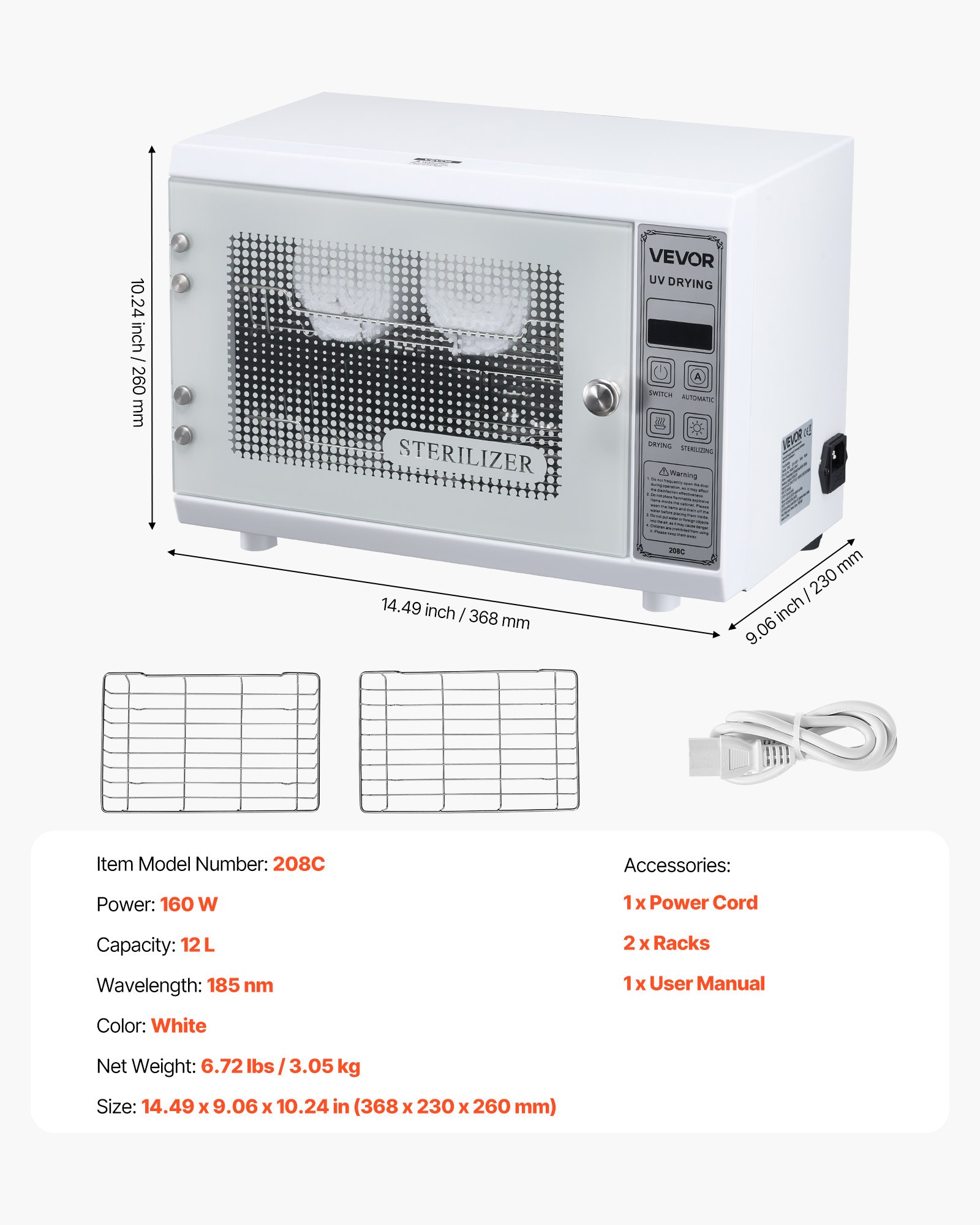 VEVOR Nail Tool Cleaning Machine, 12L Large Capacity, Multi-Functional Tool Cabinet Cleaner Box with Timer Setting, Tempered Glass Door, 185nm Wavelength, for Labs, Home, Nail Salons, Beauty Salons