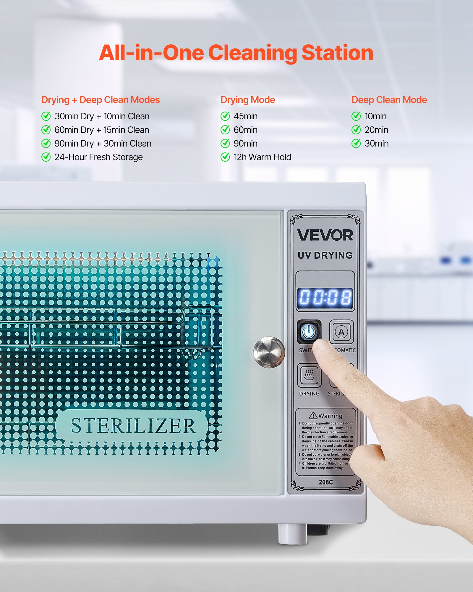 VEVOR Nail Tool Cleaning Machine, 12L Large Capacity, Multi-Functional Tool Cabinet Cleaner Box with Timer Setting, Tempered Glass Door, 185nm Wavelength, for Labs, Home, Nail Salons, Beauty Salons