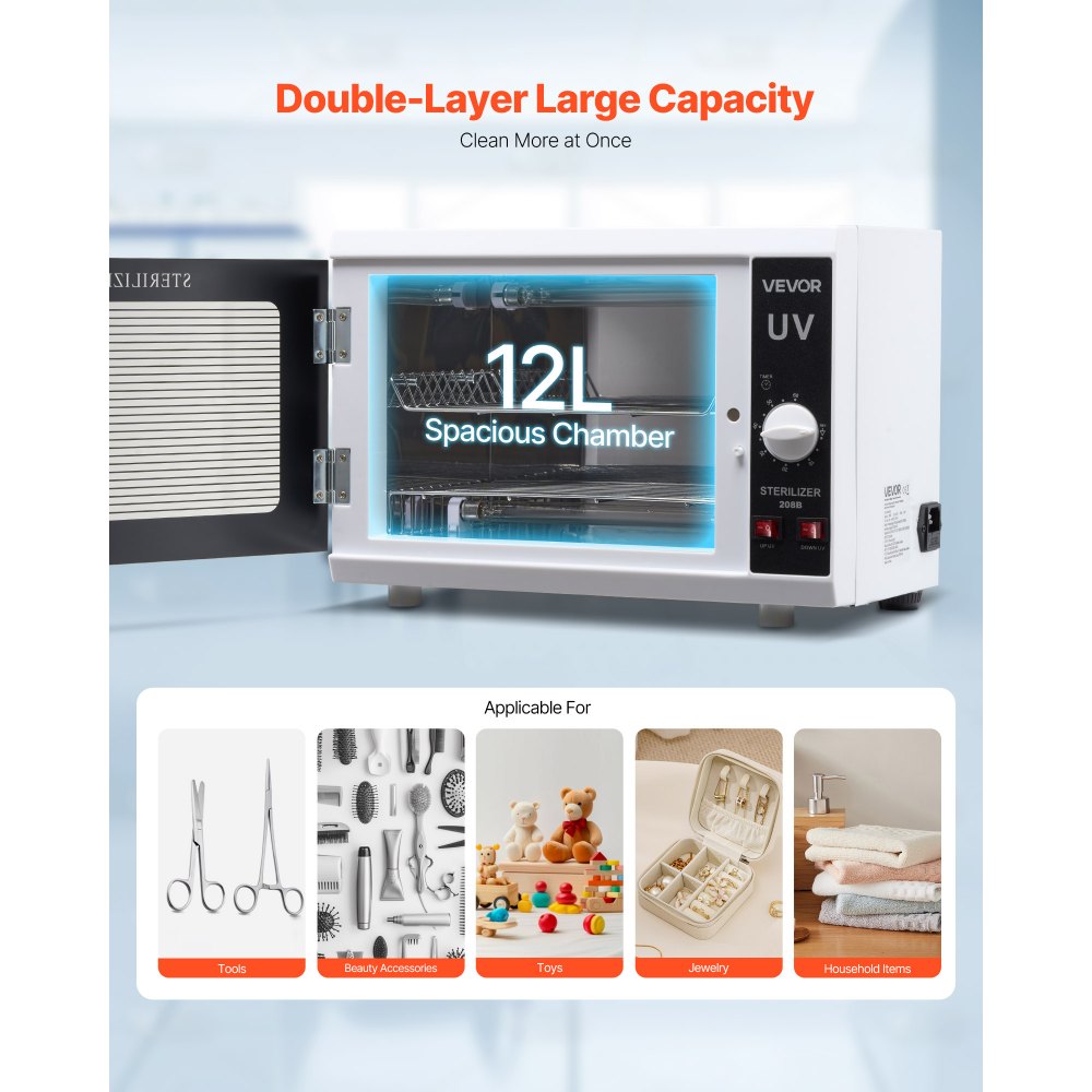 VEVOR Nail Tool Cleaning Machine, 12L Large Capacity, Knob Control, Tool Cabinet Cleaner Box with Timer Setting, Tempered Glass Door, 185nm Wavelength, for Labs, Home, Nail Salons, Beauty Salons