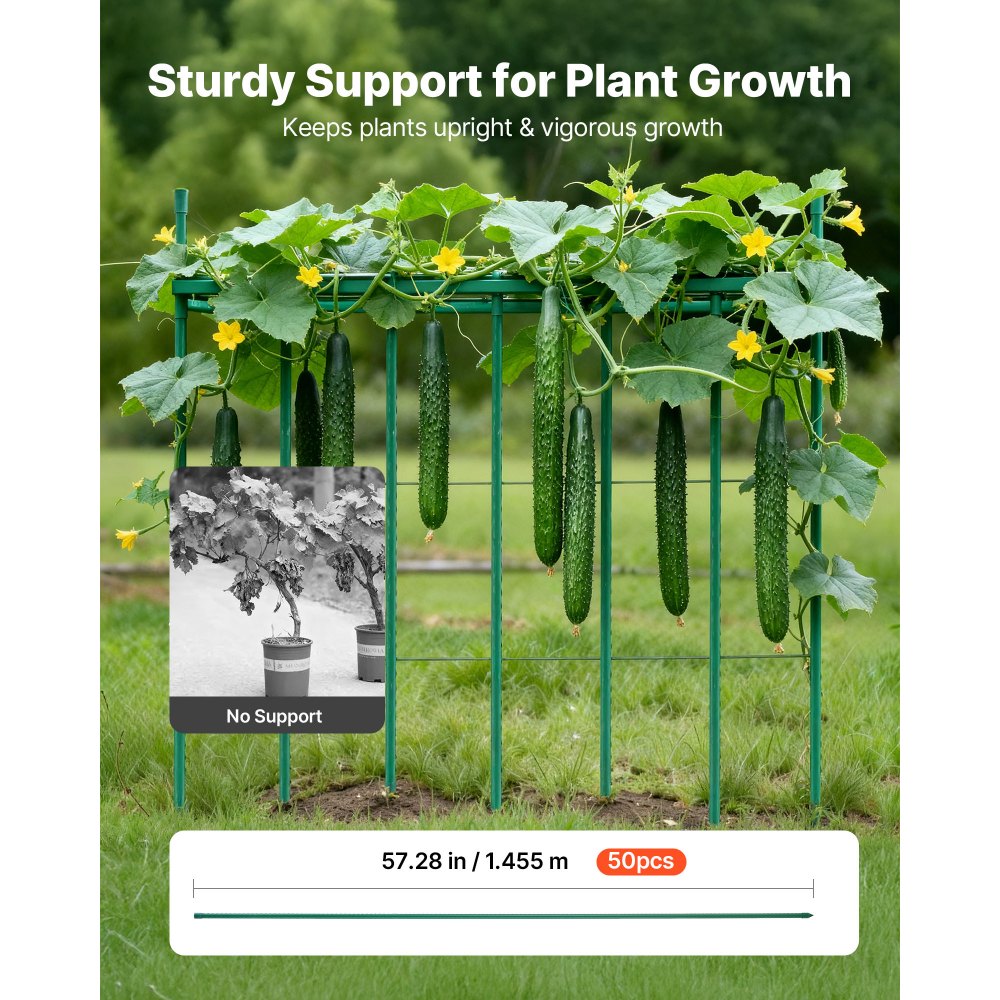 VEVOR Garden Stakes, 50 Pack, 1455 mm, Plastic Coated Metal Tomato Stakes, Garden Sticks for Plants Support, with Pointed End and Non-Slip Bumps for Growing Climbing Plants, Outdoor Vegetables