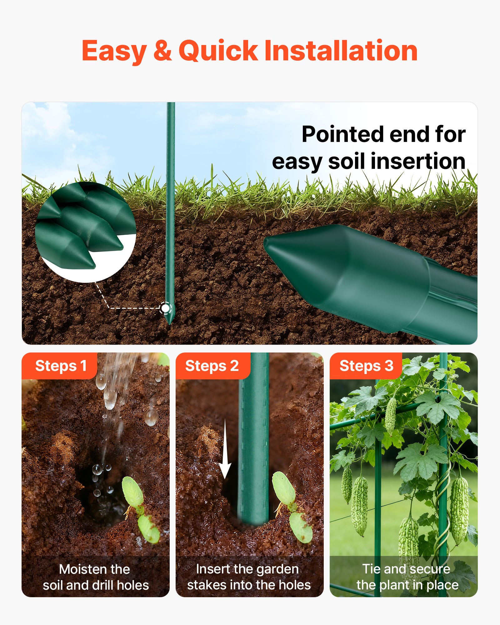 VEVOR Garden Stakes, 15 Pack, 1705 mm, Plastic Coated Metal Tomato Stakes, Garden Sticks for Plants Support, with Pointed End and Non-Slip Bumps for Growing Climbing Plants, Outdoor Vegetables