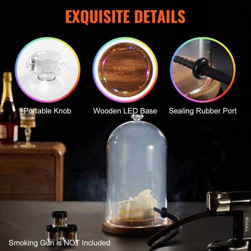 VEVOR Smoking Cloche, 6.9 inch Glass Dome Cover with Wooden Base, Smoker Gun Smoke Infuser Accessory for Plates, Bowls, and Glasses, Specialized Cloche Dome Cover Lid for Cocktails Drinks Foods, Clear