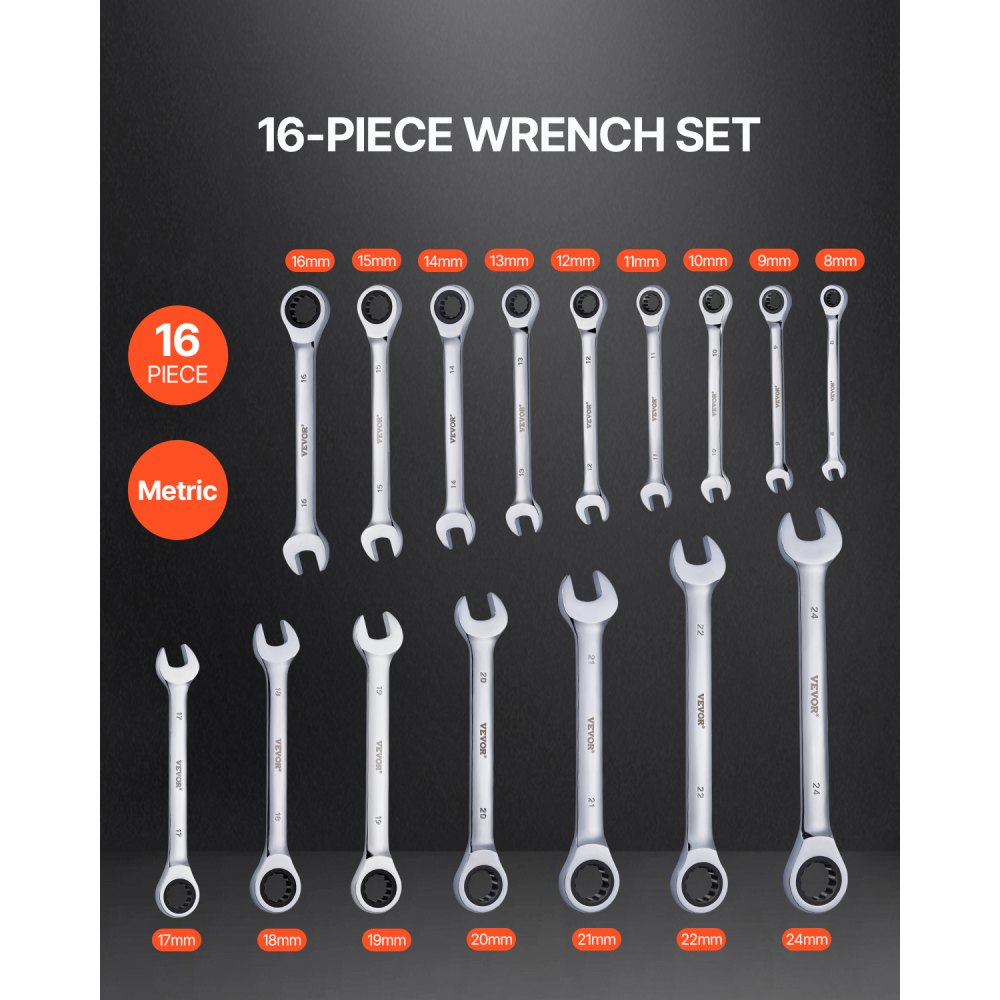 VEVOR Combination Wrench Set, 16-Piece Ratcheting Wrench Set with Organizer Rack, Cr-V Steel Wrench Set Metric 8 mm to 24 mm, Ideal for General Household, Garage, Workshop, Auto Repairs, Emergency