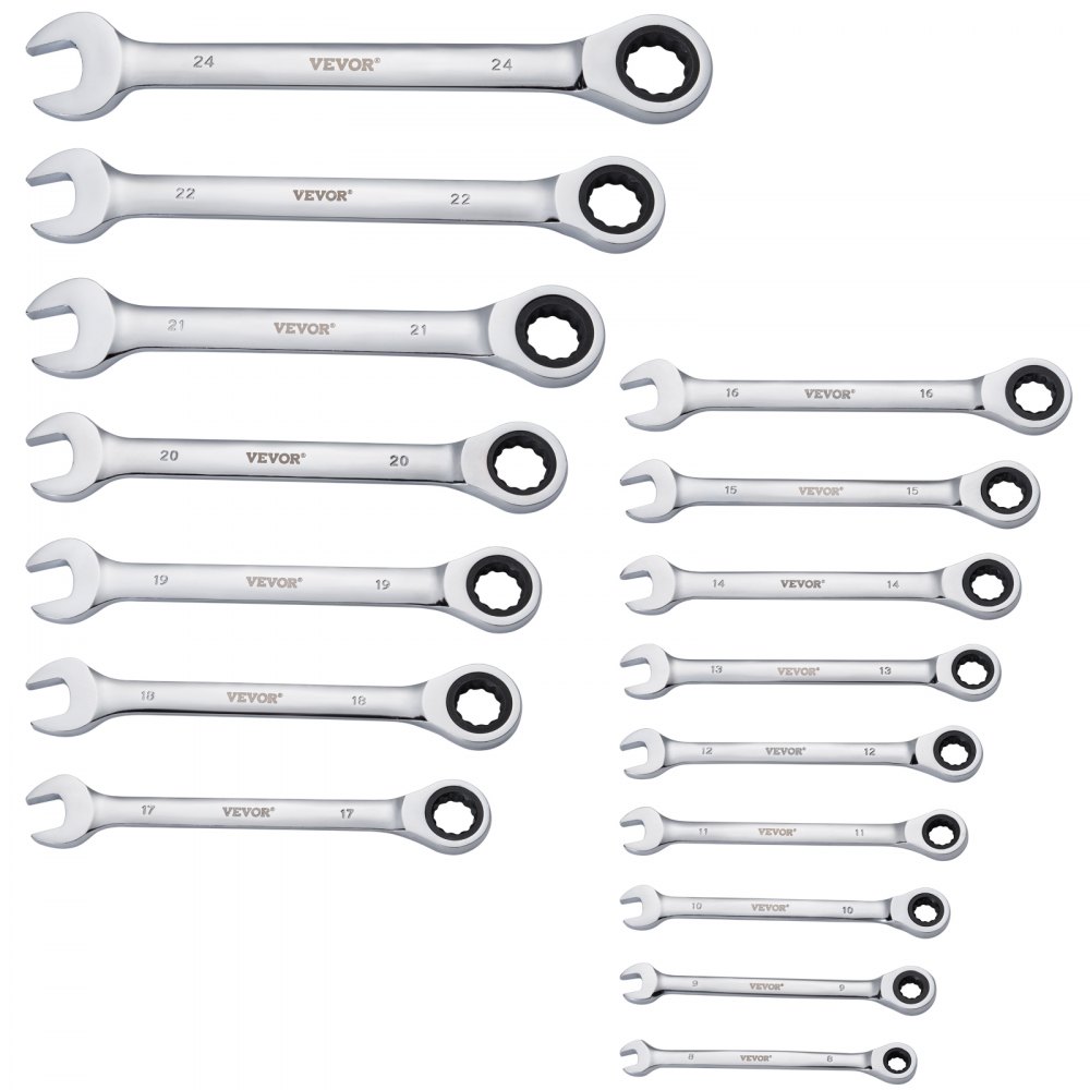 VEVOR Combination Wrench Set, 16-Piece Ratcheting Wrench Set with Organizer Rack, Cr-V Steel Wrench Set Metric 8 mm to 24 mm, Ideal for General Household, Garage, Workshop, Auto Repairs, Emergency