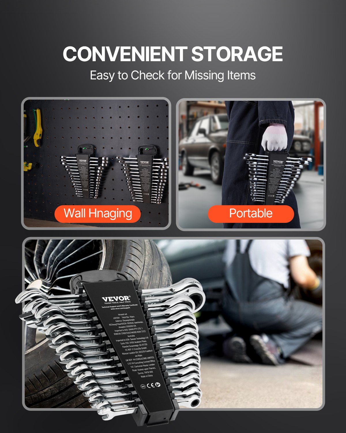 VEVOR Combination Wrench Set, 16-Piece Ratcheting Wrench Set with Organizer Rack, Cr-V Steel Wrench Set Metric 8 mm to 24 mm, Ideal for General Household, Garage, Workshop, Auto Repairs, Emergency