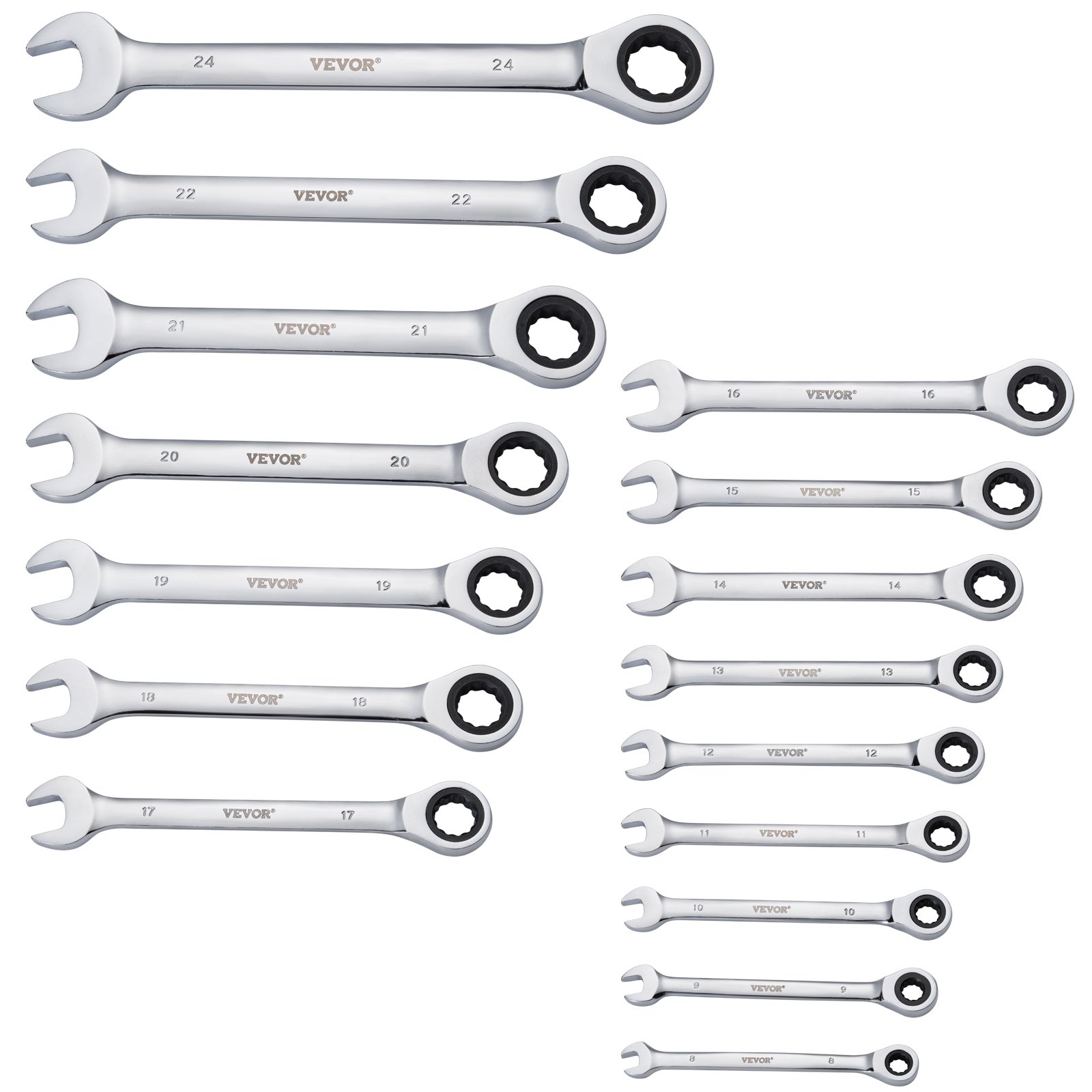 VEVOR Combination Wrench Set, 16-Piece Ratcheting Wrench Set with Organizer Rack, Cr-V Steel Wrench Set Metric 8 mm to 24 mm, Ideal for General Household, Garage, Workshop, Auto Repairs, Emergency
