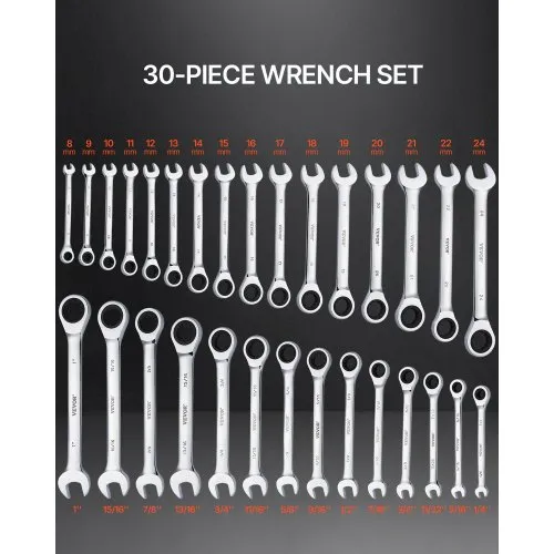 Narrevõtmete komplekt, 30-osaline (8–24 mm ja 1/4"–1") — pilt 2
