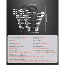 Combination Wrench Set 30 PCS SAE 1/4" to 1", Metric 8mm to 24mm Organizer Rack