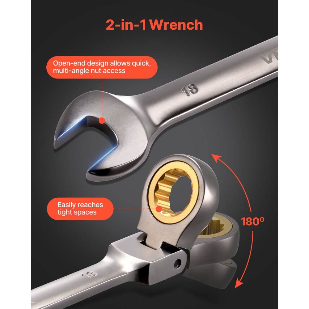 VEVOR Flex-Head Ratcheting Wrench Set, 12-Piece Metric 8 mm to 19 mm, 72 Teeth, Cr-V Steel Ratchet Flexible Combination Wrench Set with Roll Up Pouch, for General Household and Automotive Repairs