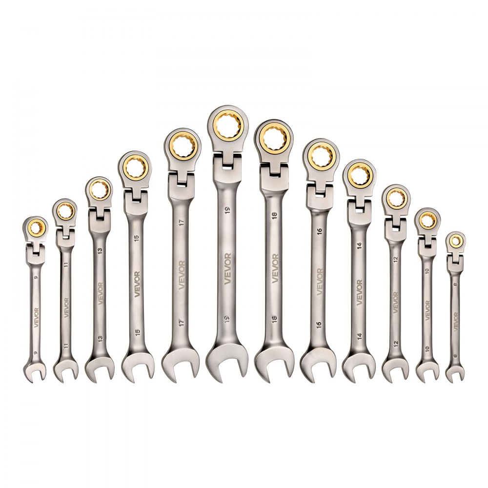 VEVOR Flex-Head Ratcheting Wrench Set, 12-Piece Metric 8 mm to 19 mm, 72 Teeth, Cr-V Steel Ratchet Flexible Combination Wrench Set with Roll Up Pouch, for General Household and Automotive Repairs