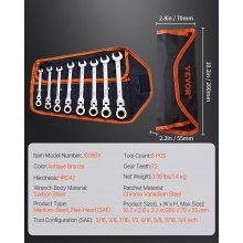 VEVOR Flex-Head Ratcheting Wrench Set 8 PCS SAE 5/16"-3/4" with Roll-up Pouch