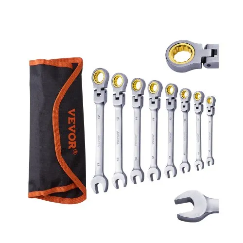 VEVOR Flex-Head Ratcheting Wrench Set, 8-piece Combination Wrench Set with Roll-up Pouch, Cr-V Steel Flexible Ratcheting Wrench Set Metric 8 mm to 17 mm, Ideal for General Household, Auto Repairs