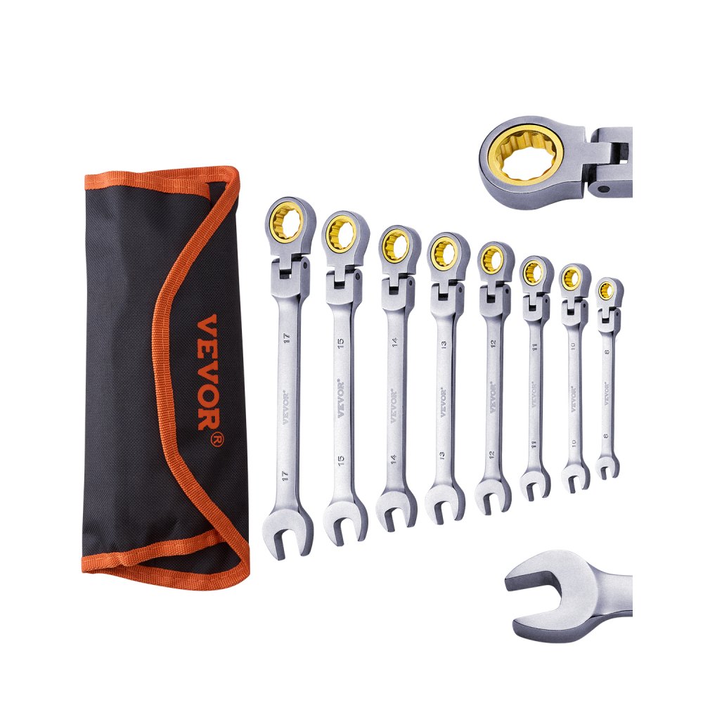 VEVOR Flex-Head Ratcheting Wrench Set 8 PC Metric 8 mm-17 mm with Roll-up Pouch