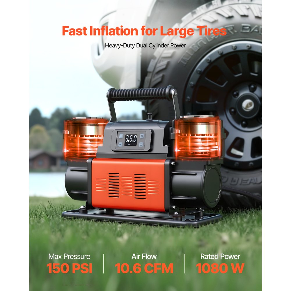 VEVOR Dual-Cylinder Heavy Duty Air Compressor, 300L/min Auto-Stop Portable Tire Inflator, 12V 150PSI Offroad Air Pump with LCD Digital Display & Adapters for Truck Car SUV 4 x 4 Vehicle RV