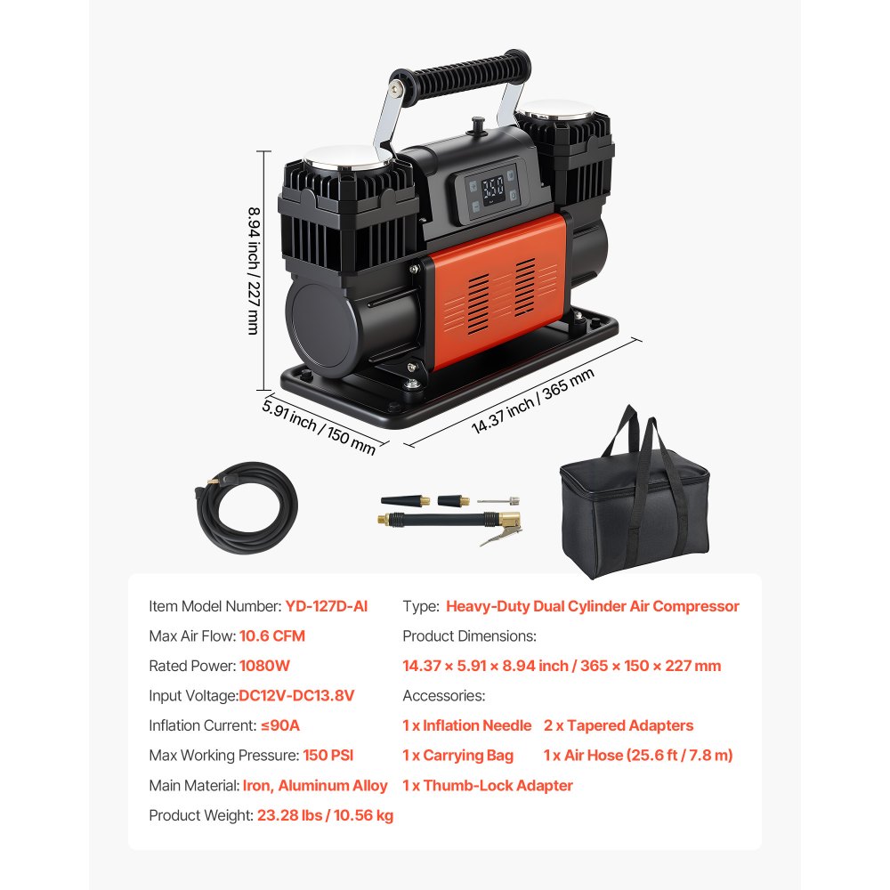 VEVOR Dual-Cylinder Heavy Duty Air Compressor, 300L/min Auto-Stop Portable Tire Inflator, 12V 150PSI Offroad Air Pump with LCD Digital Display & Adapters for Truck Car SUV 4 x 4 Vehicle RV