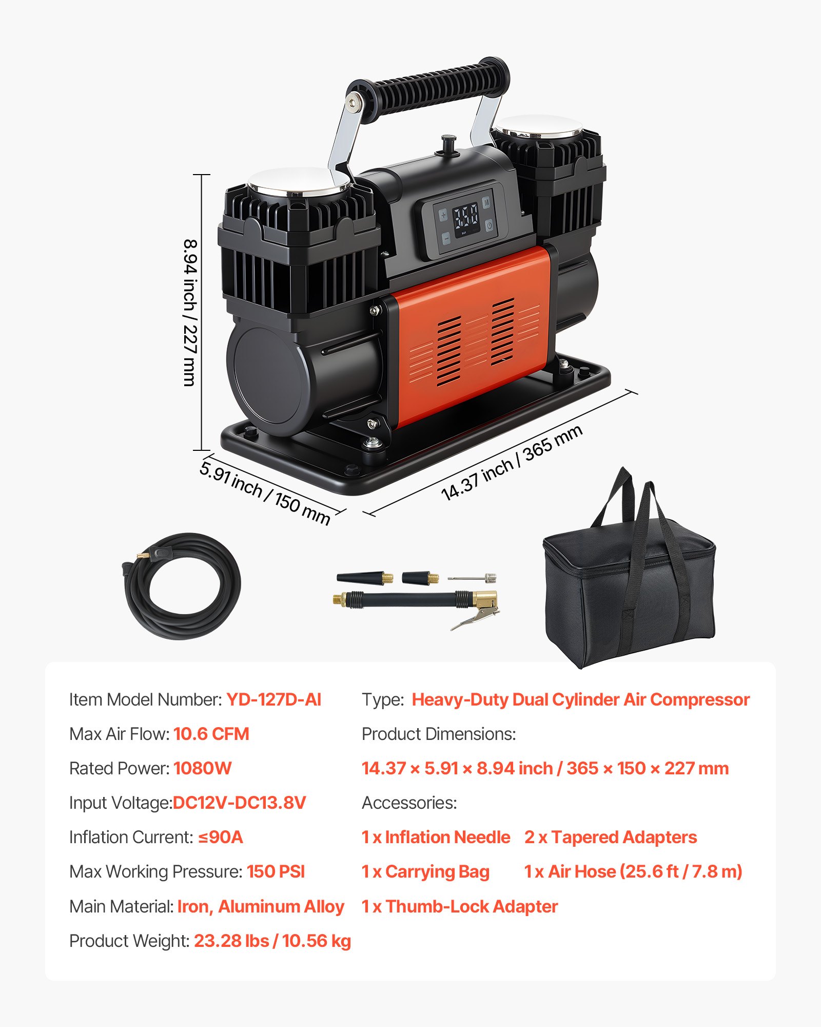 VEVOR Dual-Cylinder Heavy Duty Air Compressor, 300L/min Auto-Stop Portable Tire Inflator, 12V 150PSI Offroad Air Pump with LCD Digital Display & Adapters for Truck Car SUV 4 x 4 Vehicle RV